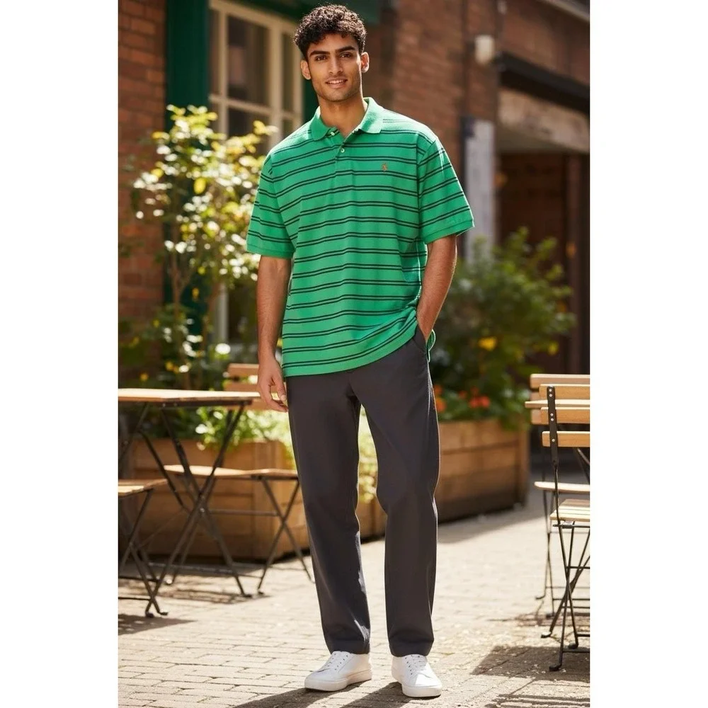 Ralph Lauren Polo Green Stripe Knit 100% Cotton Polo Shirt‎ Short Sleeve 2X Logo